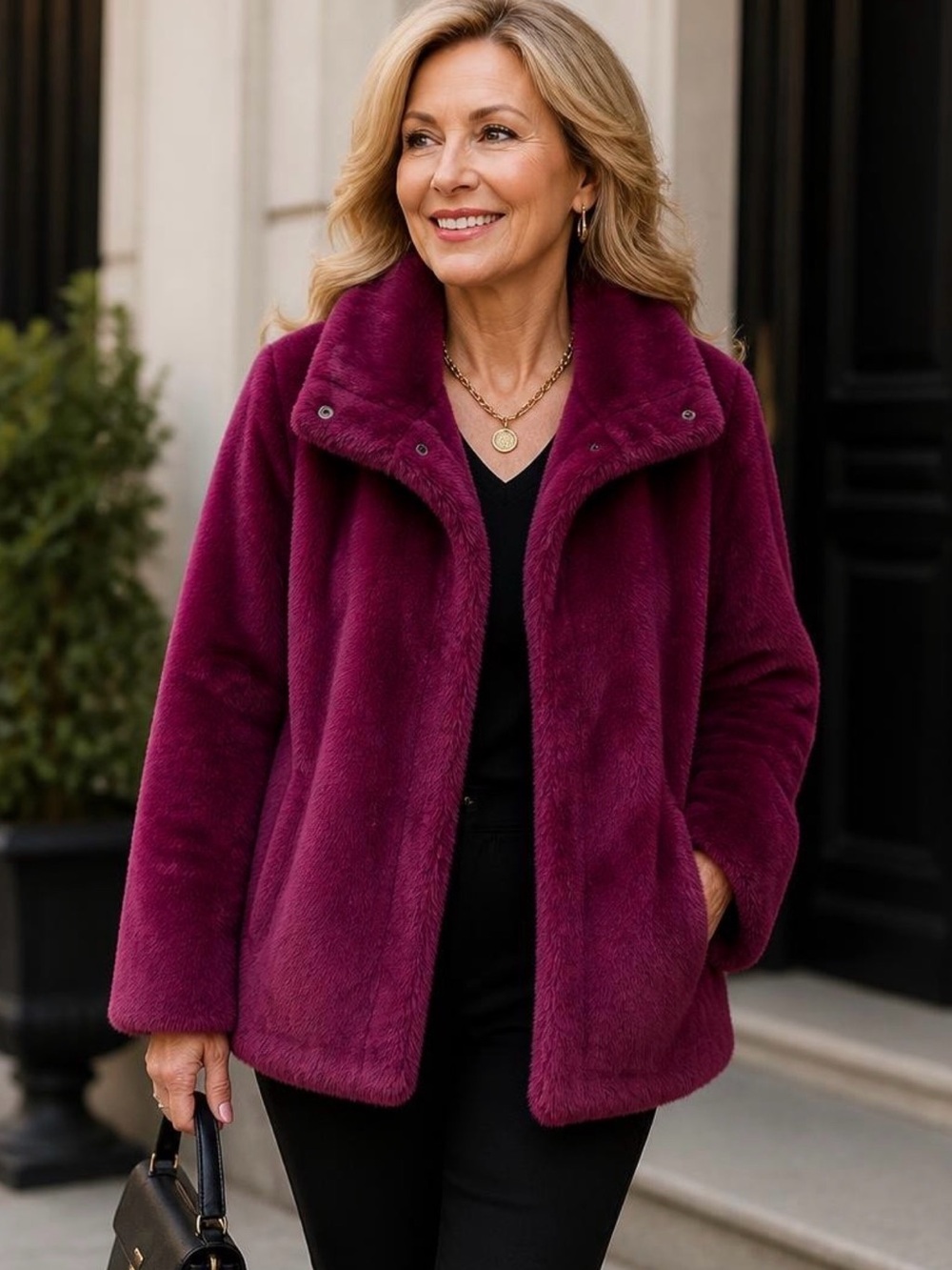 Colleen Lopez Bell-Sleeve Faux Fur Jacket with Pockets RICH BERRY SIZ XL NEW